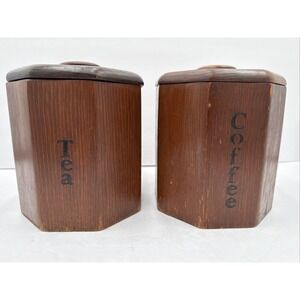 Vtg MCM Wooden Kitchen Canister Set Coffee Tea 6"x6" With Lids And Inserts